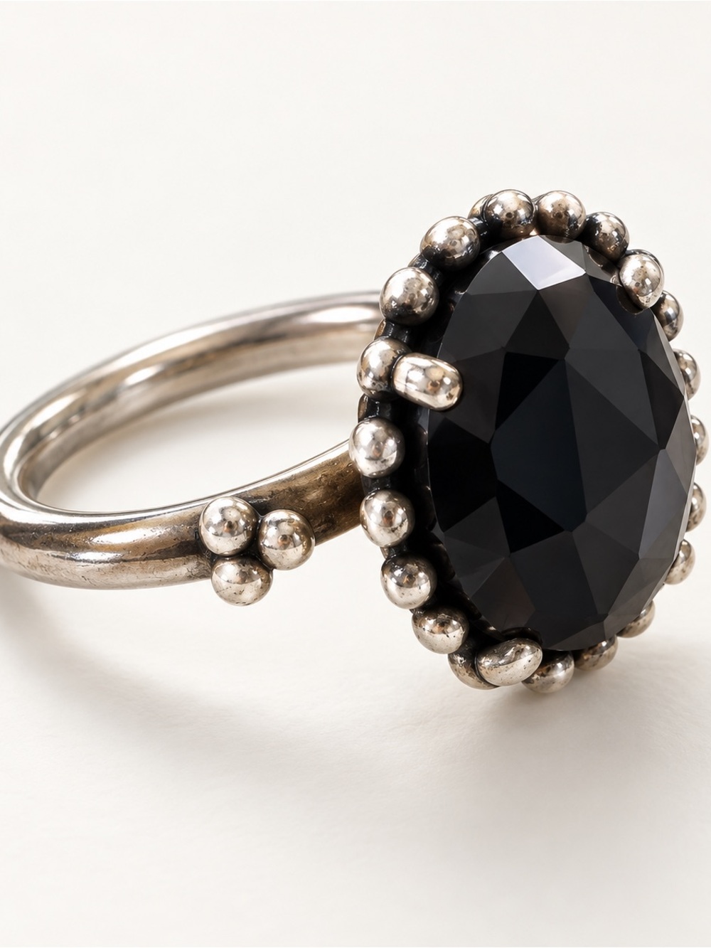 Pandora Black Faceted Stone Ring with Beaded Silver Accents
